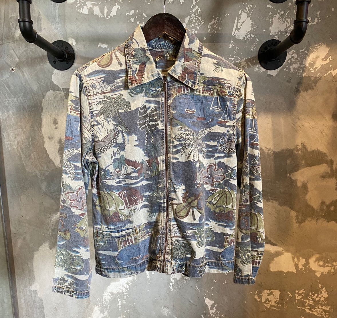 Printed on Light Denim Zip up Jacket