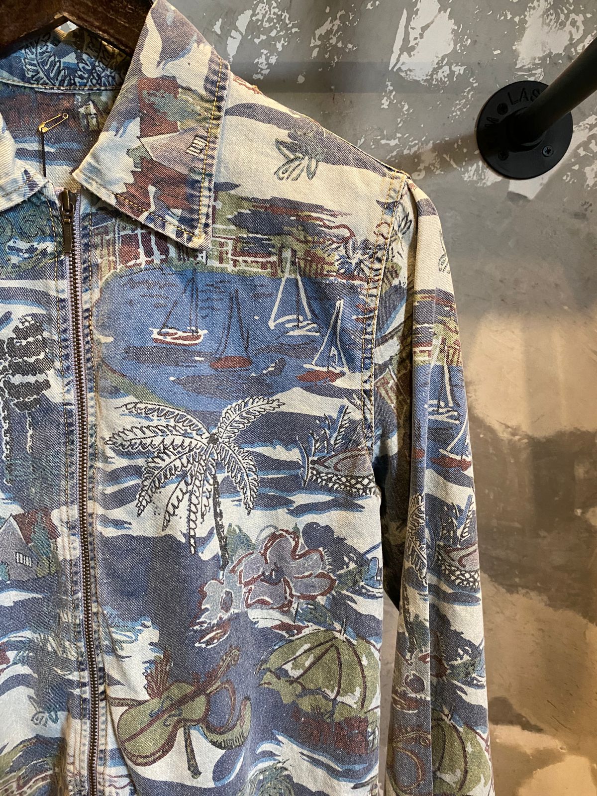 Printed on Light Denim Zip up Jacket