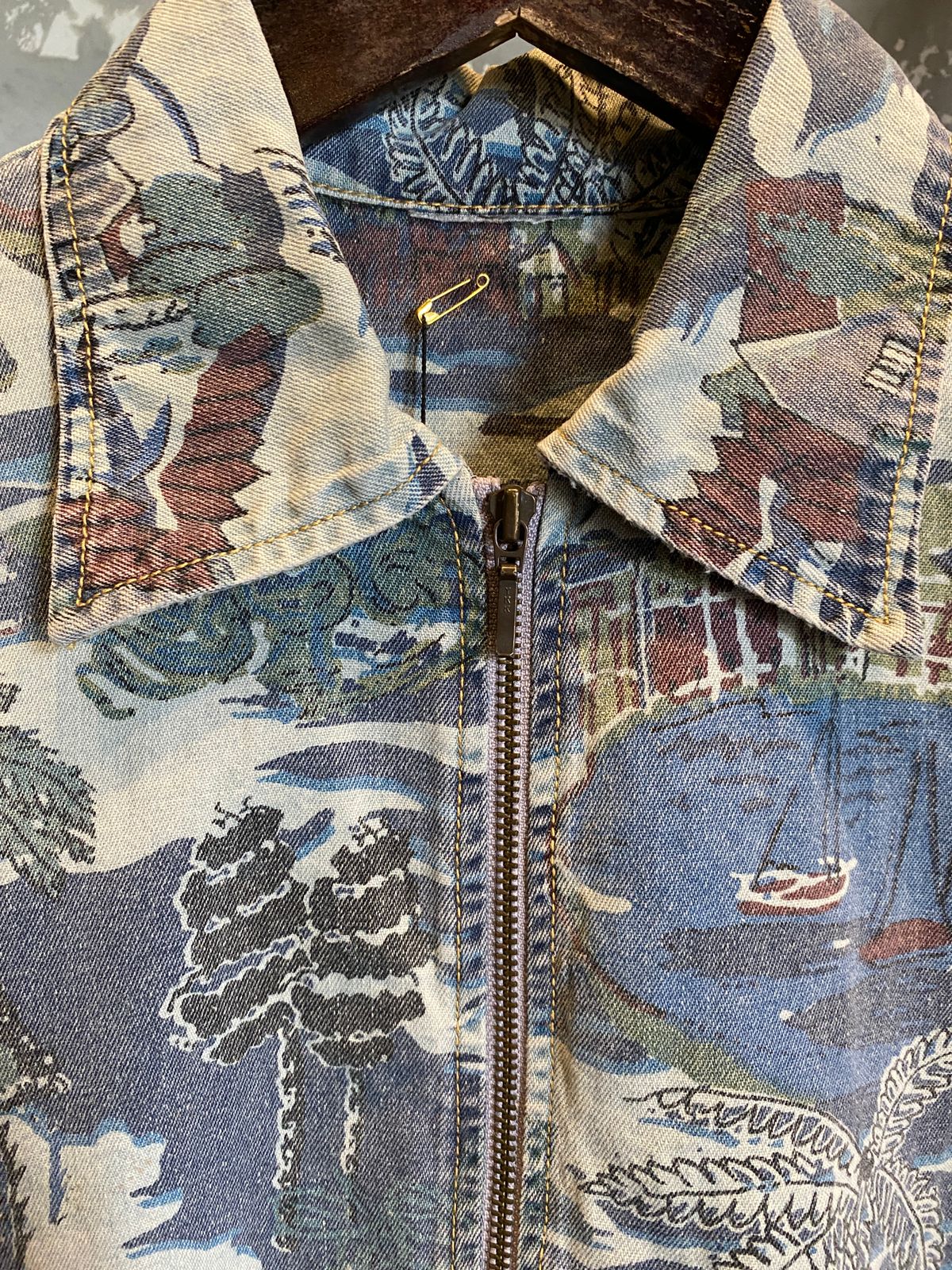 Printed on Light Denim Zip up Jacket